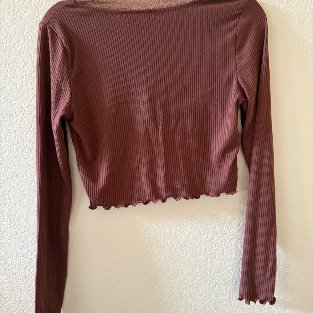 Brown Ribbed Long Sleeve Top - Picture 3 of 3